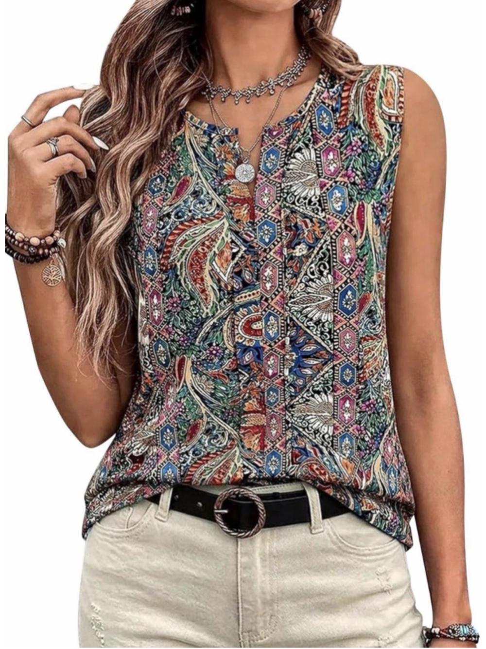 Flamingals Notched Neck Tank Tank Tops Women’s Paisley & Floral Pattern Boho Top